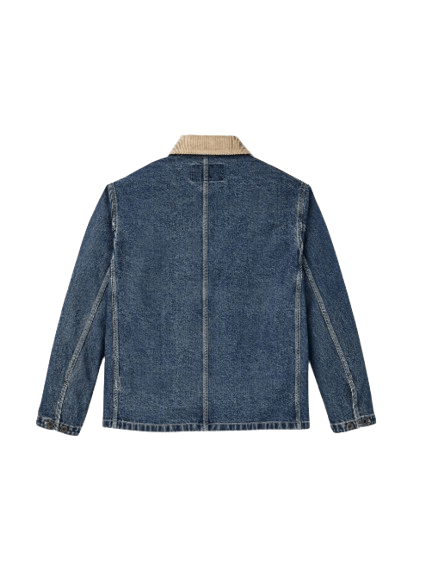Filson FMCPS0169 11-OZ. DENIM OUTFITTER JACKET, lavaggio medio, colletto beige, foto del dietro