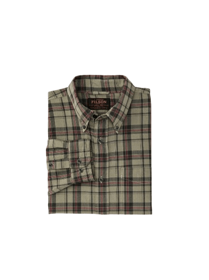 Filson FMCAM0085 MADRAS BUTTON-DOWN SHIRT Camicia Uomo camicia a quadri, colore di base verde, con righe verticali e orizzontali marroni e nere;  foto del davanti piegato