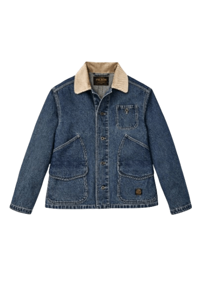 Filson FMCPS0169 11-OZ. DENIM OUTFITTER JACKET, lavaggio medio, colletto beige, foto del davanti