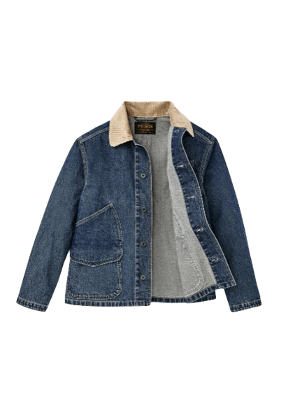 Filson FMCPS0169 11-OZ. DENIM OUTFITTER JACKET, lavaggio medio, colletto beige, foto del davanti giacca aperta
