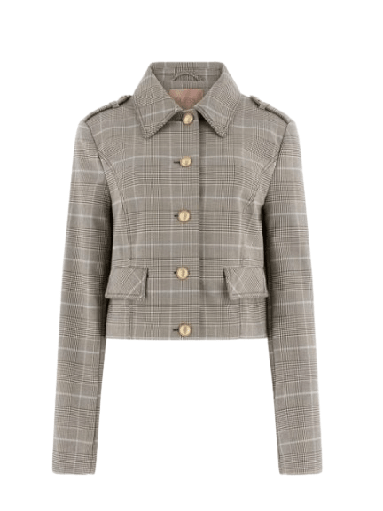 Guess W6RL55WL442 Giacca a quadri. colori base beige con righe sottili celesti e nere. Foto del davanti della giacca.