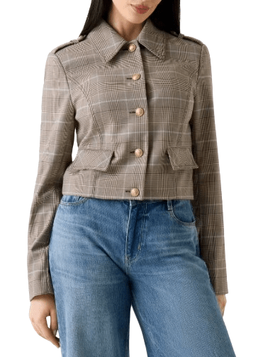  Guess W6RL55WL442 Giacca a quadri. colori base beige con righe sottili celesti e nere. Foto del davanti della giacca. indossata dalla modella